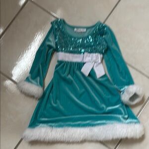 Teal Toddler Sequin Dress with White Fur Trim